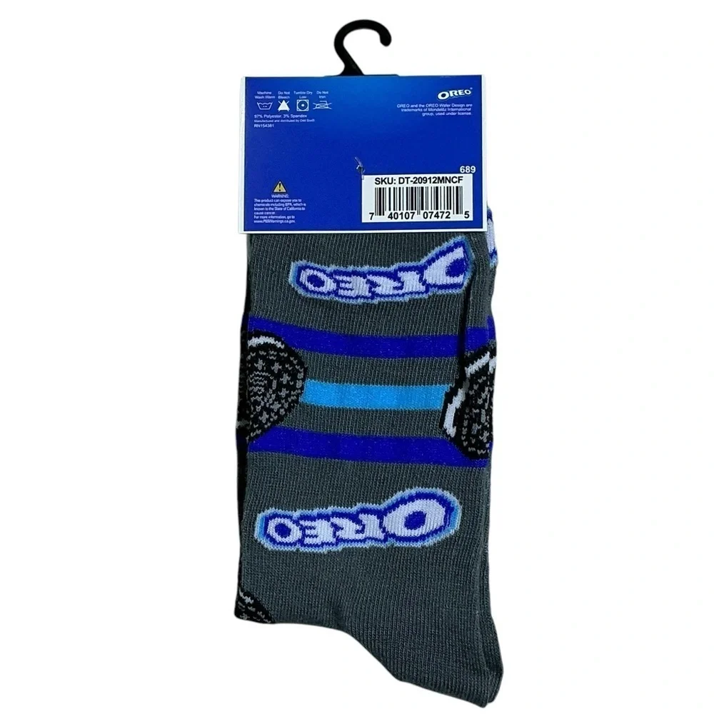 Oreo Novelty Crew Socks Gray Blue Stripe Unisex One Size Women 7-13 Men 6-12 New